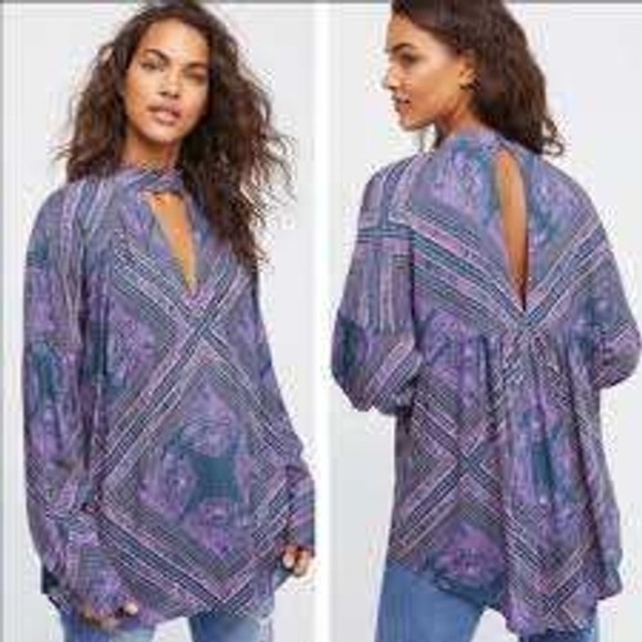 Free People Tops - Free People Purple Medallion Walking on a dream Keyhole Blouse Tunic LARGE Boho
